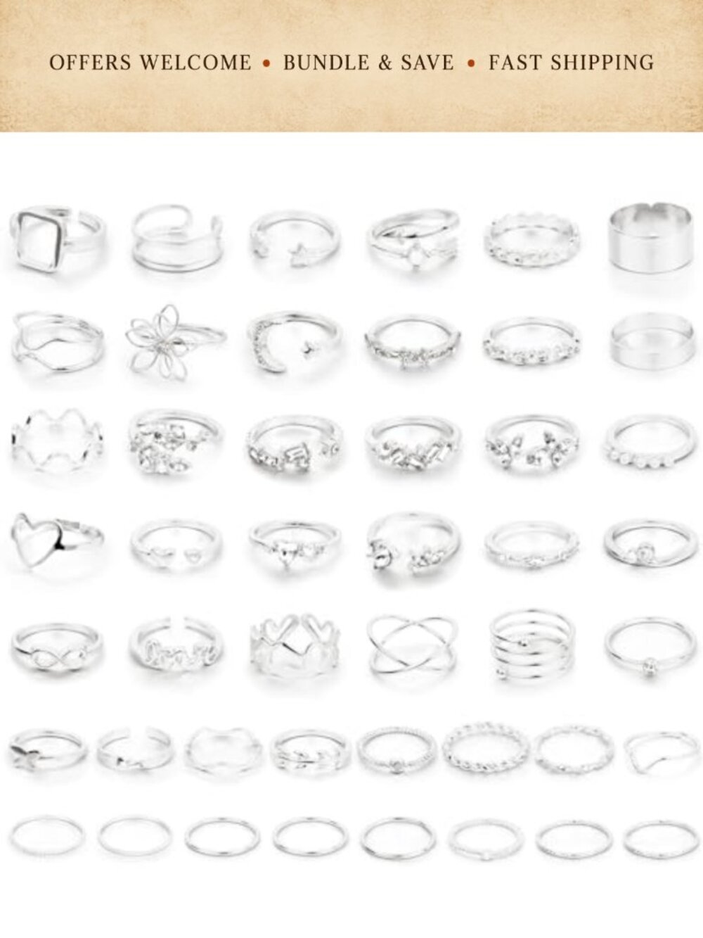 Alloy Knuckle Rings Set Stackable Midi Rings Crystal Zirconia 46 Pieces